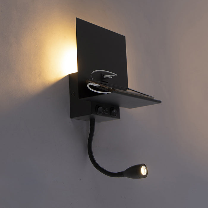 QAZQA Moderne wandlamp zwart met USB en flexarm - Flero