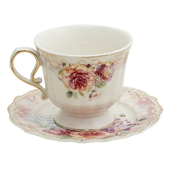 Clayre & Eef Kop en schotel 200 ml Beige Roze Porselein Rond Bloemen