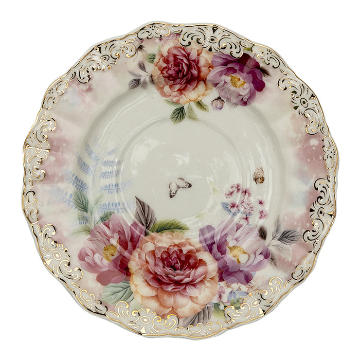 Clayre & Eef Kop en schotel 200 ml Beige Roze Porselein Rond Bloemen