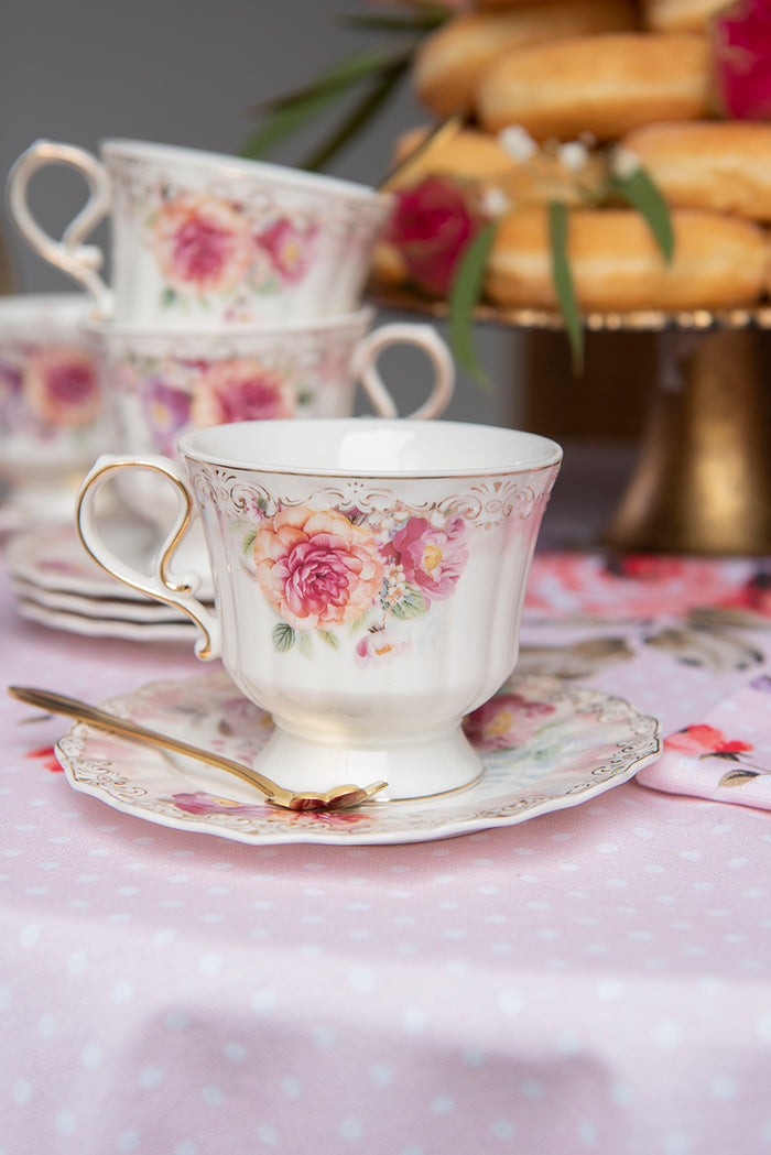 Clayre & Eef Kop en schotel 200 ml Beige Roze Porselein Rond Bloemen