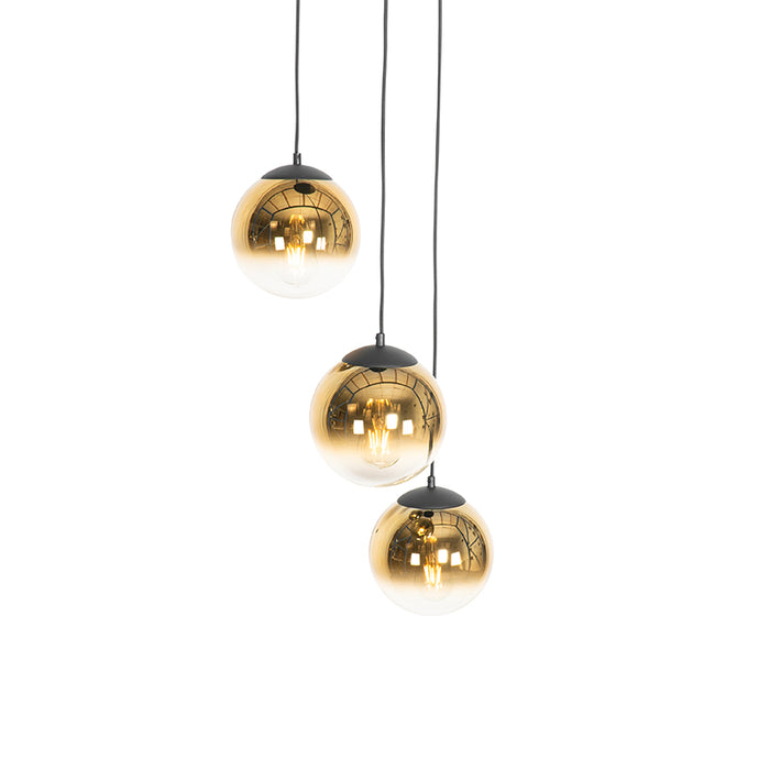 QAZQA Art deco hanglamp zwart met goud glas rond 3-lichts - pallon
