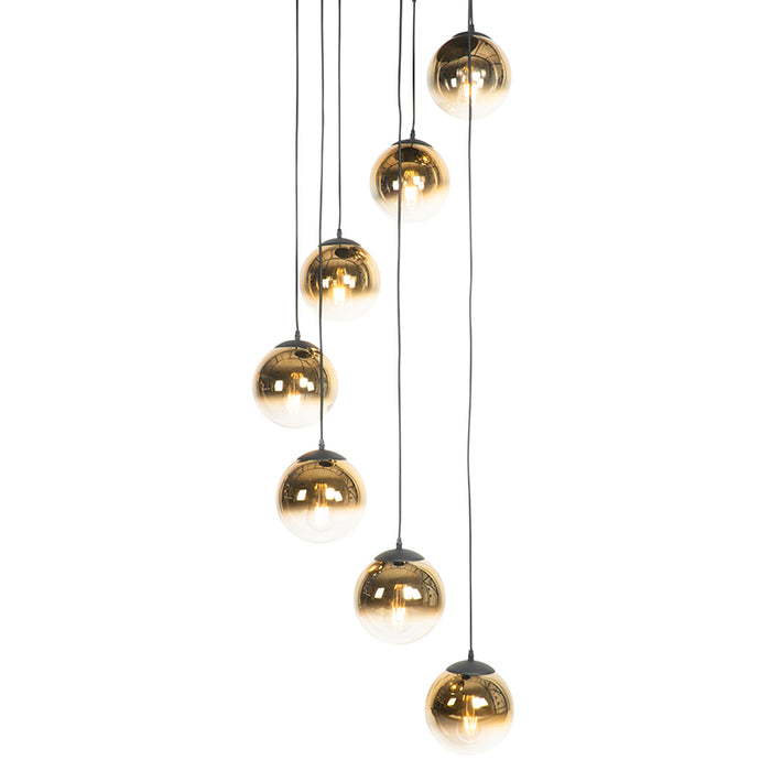QAZQA Art deco hanglamp zwart met goud glas 7-lichts - pallon