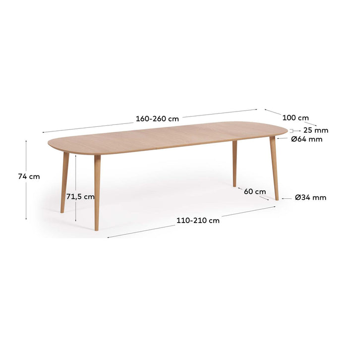 Kave Home Oqui Eettafel Uitschuifbaar Ovaal - 160/260 x 100 cm - Eiken