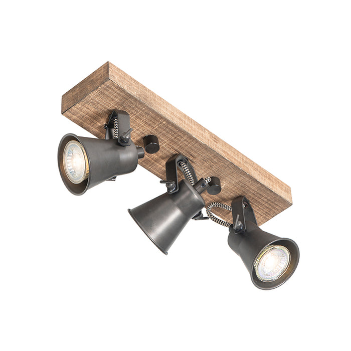 QAZQA Landelijke spot zwart met hout 3-lichts verstelbaar - Jelle