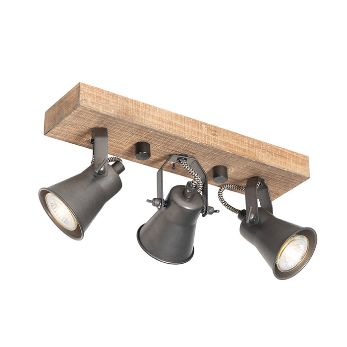 QAZQA Landelijke spot zwart met hout 3-lichts verstelbaar - Jelle