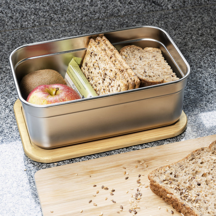 Krumble Lunchbox rvs met houten deksel en bruine elastiek