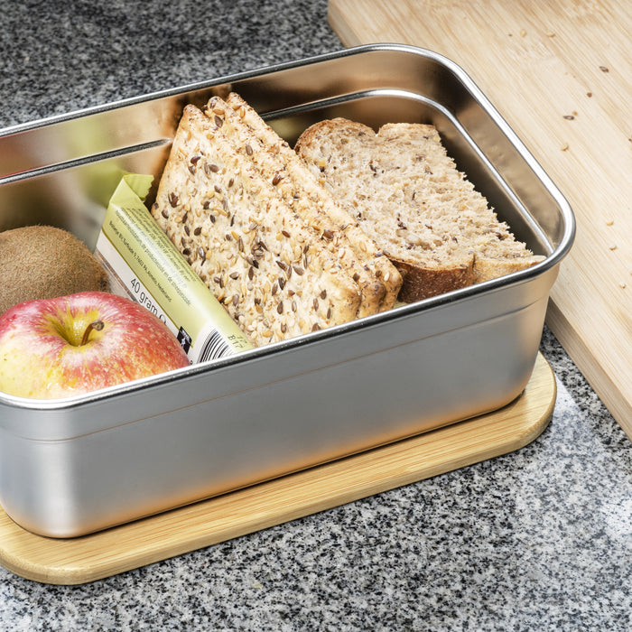 Krumble Lunchbox rvs met houten deksel en bruine elastiek
