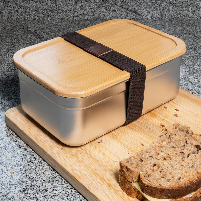 Krumble Lunchbox rvs met houten deksel en bruine elastiek