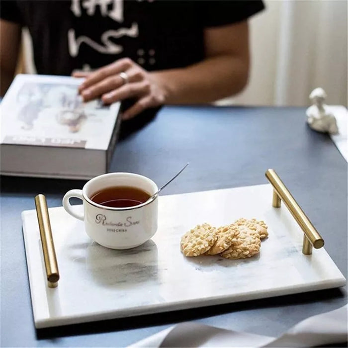 Marble Tray - Serveer Dienblad - Wit Marmer - Goud - L30 x B20 cm x