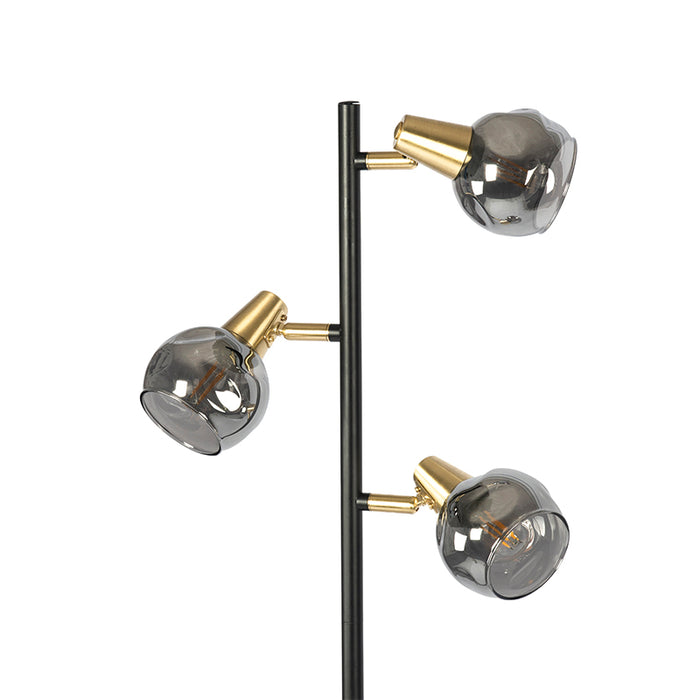 QAZQA Art deco vloerlamp zwart en goud met smoke glas 3-lichts -