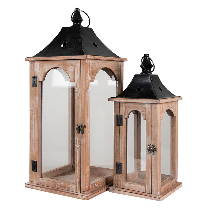 Clayre & Eef Lantaarn Set van 2 Bruin Ijzer Hout Vierkant