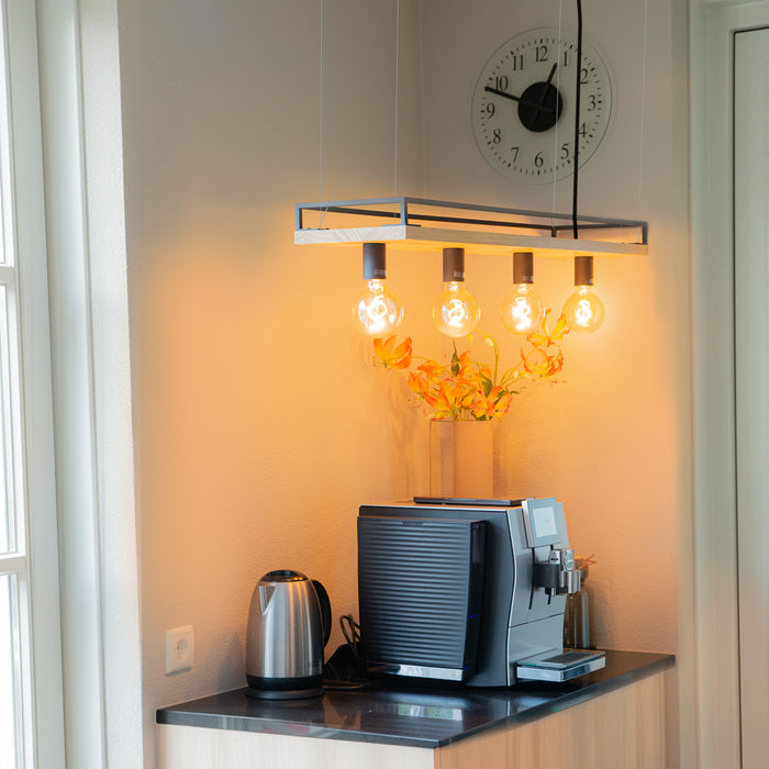 QAZQA Industriële hanglamp zwart met hout 4-lichts - Shelf