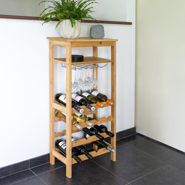 QUVIO Wijnrek voor 16 flessen + glazen - Hout