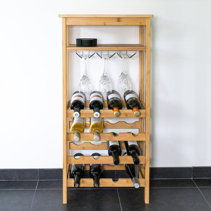 QUVIO Wijnrek voor 16 flessen + glazen - Hout
