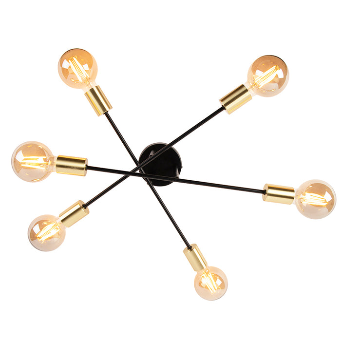 QAZQA Industriële plafondlamp zwart met goud 6-lichts - Sydney