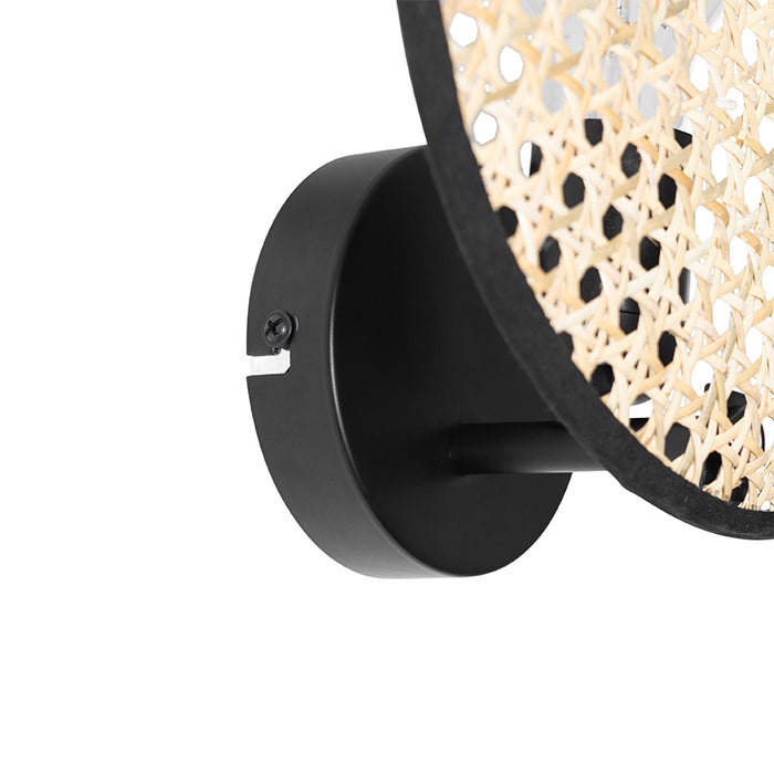 QAZQA Landelijke wandlamp zwart met rotan 25 cm - Kata
