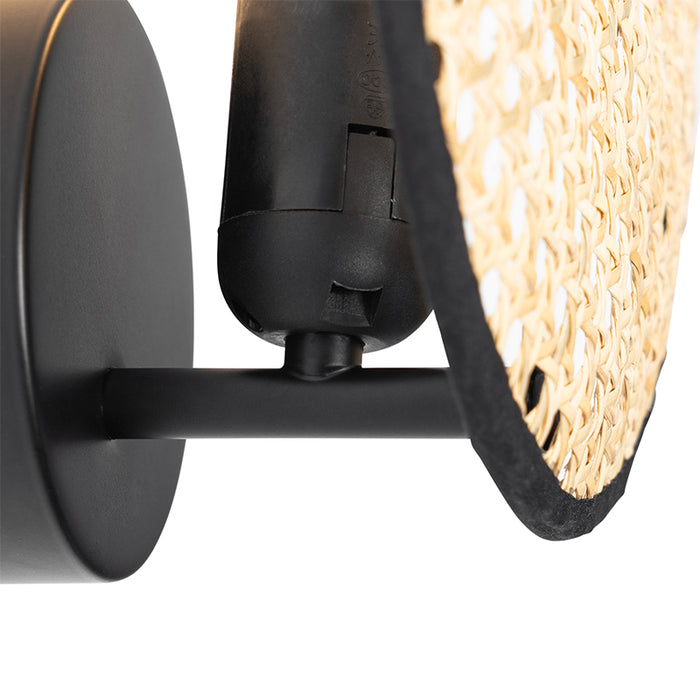 QAZQA Landelijke wandlamp zwart met rotan 25 cm - Kata