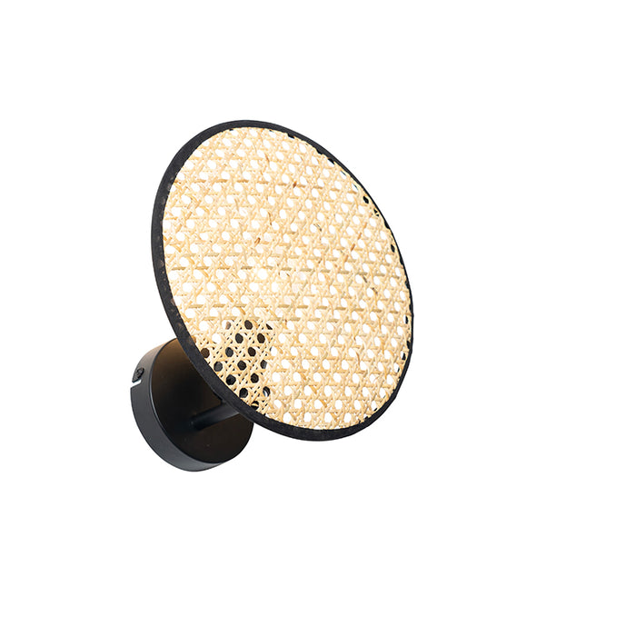 QAZQA Landelijke wandlamp zwart met rotan 25 cm - Kata
