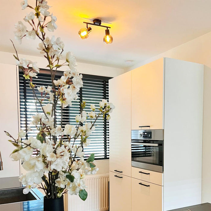 QAZQA Art Deco plafondlamp zwart met smoke glas 2-lichts - Vidro