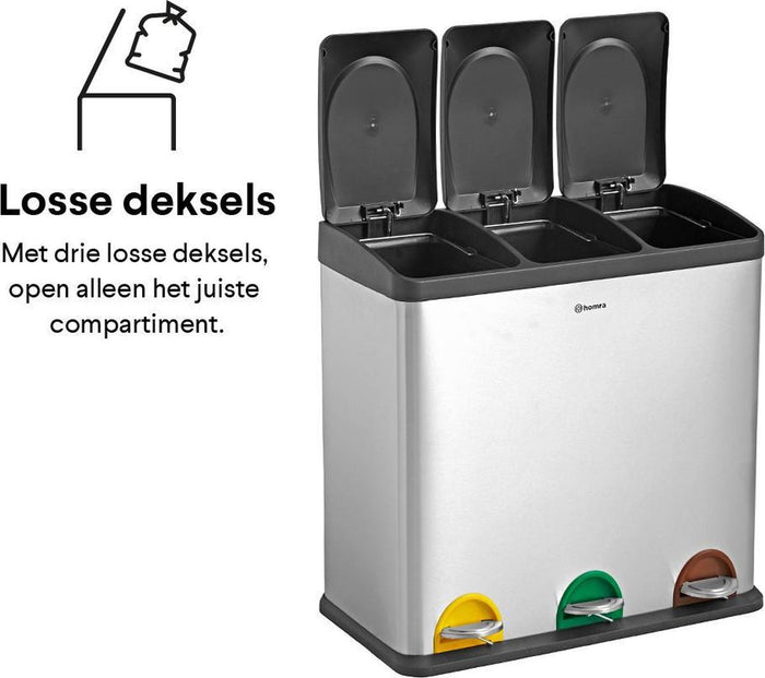 Homra STEPHS afvalscheiding prullenbak - 3 vakken - 60L - RVS
