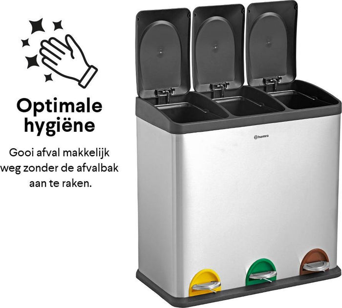 Homra STEPHS afvalscheiding prullenbak - 3 vakken - 60L - RVS
