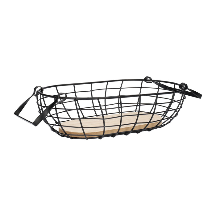 QUVIO Draadmand ovaal metaal en hout - Zwart