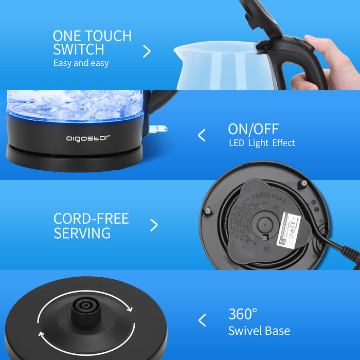 Aigostar Adam 30GOM - Glazen Waterkoker met LED - Zwart