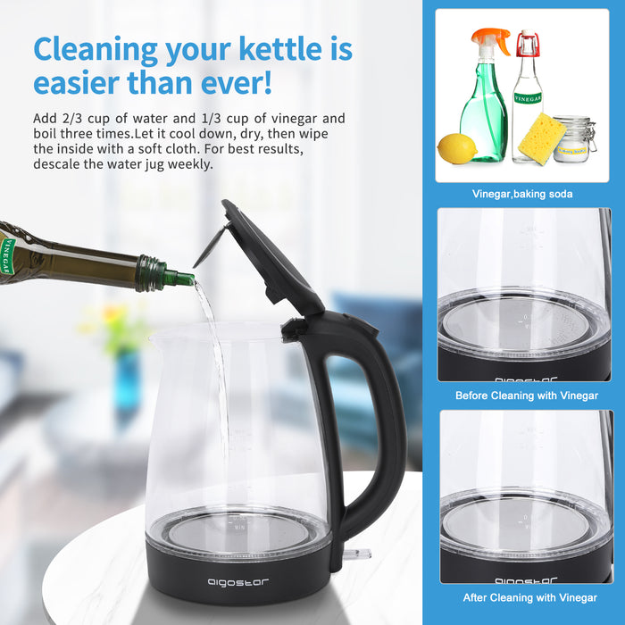 Aigostar Adam 30GOM - Glazen Waterkoker met LED - Zwart