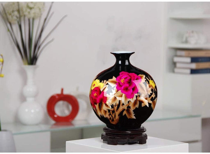 Fine Asianliving Chinese Vaas Porselein Handgemaakt Pioenrozen Zwart