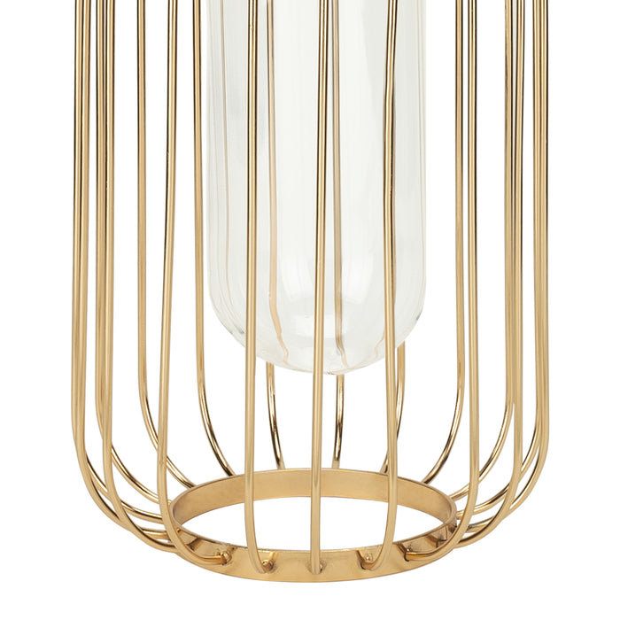 QUVIO Vaas met spijlen - 22,5 cm - Metaal & glas - Goud