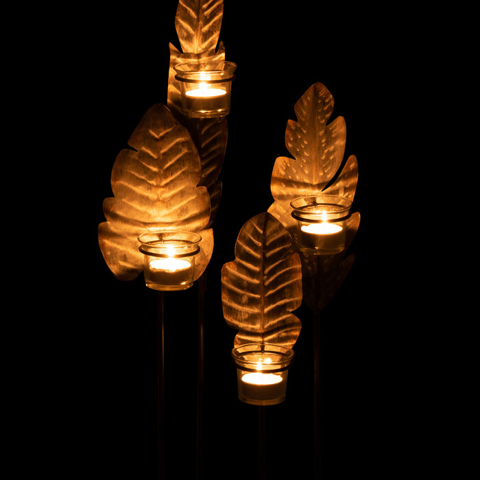 J-Line Theelichthouder 4 Bladeren Grijs Zwart