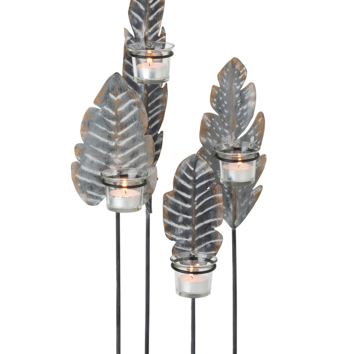J-Line Theelichthouder 4 Bladeren Grijs Zwart