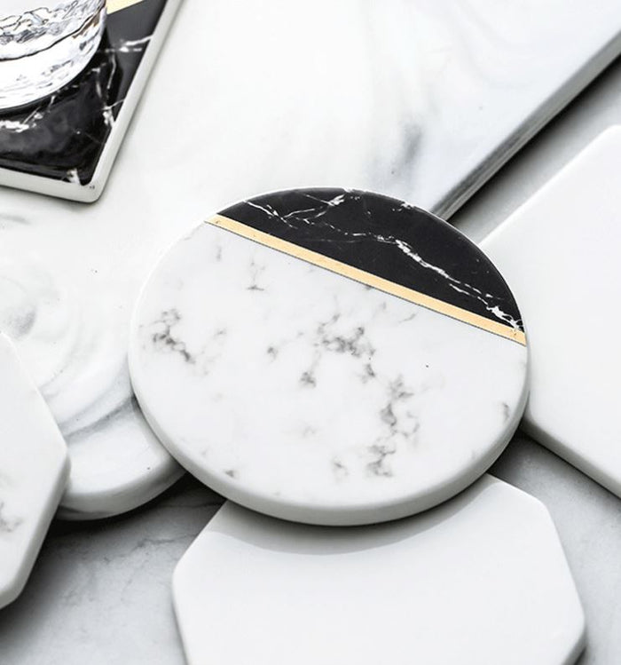 QUVIO Onderzetter rond set van 4 - Marmer Zwart + wit