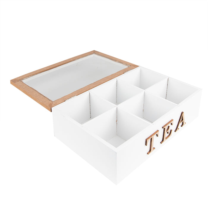 Clayre & Eef Theedoos 6 vakken 23x17x8 cm Wit Bruin MDF Glas Tea