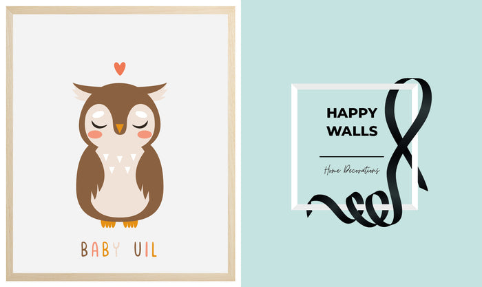 Happy Walls - Baby Uil in mooie houten Fotolijst - A3 formaat 30x40 cm