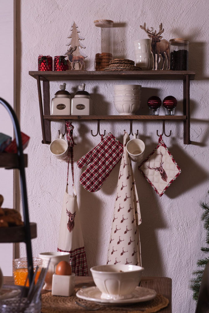 Clayre & Eef Theedoek 50x70 cm Beige Rood Katoen Rechthoek Hert