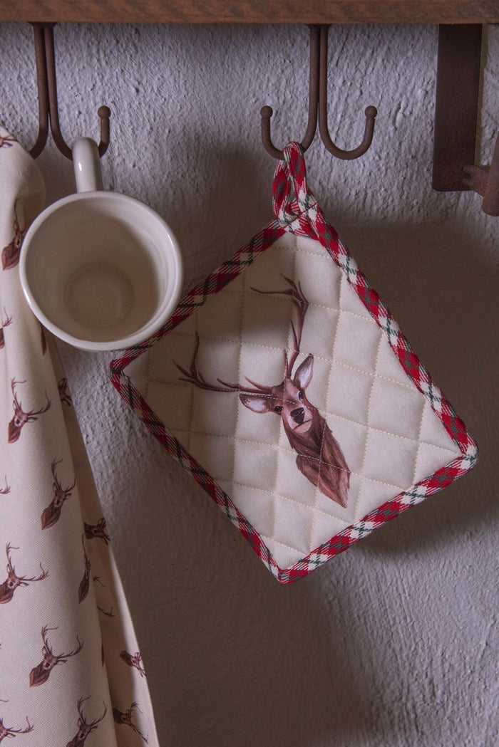 Clayre & Eef Theedoek 50x70 cm Beige Rood Katoen Rechthoek Hert