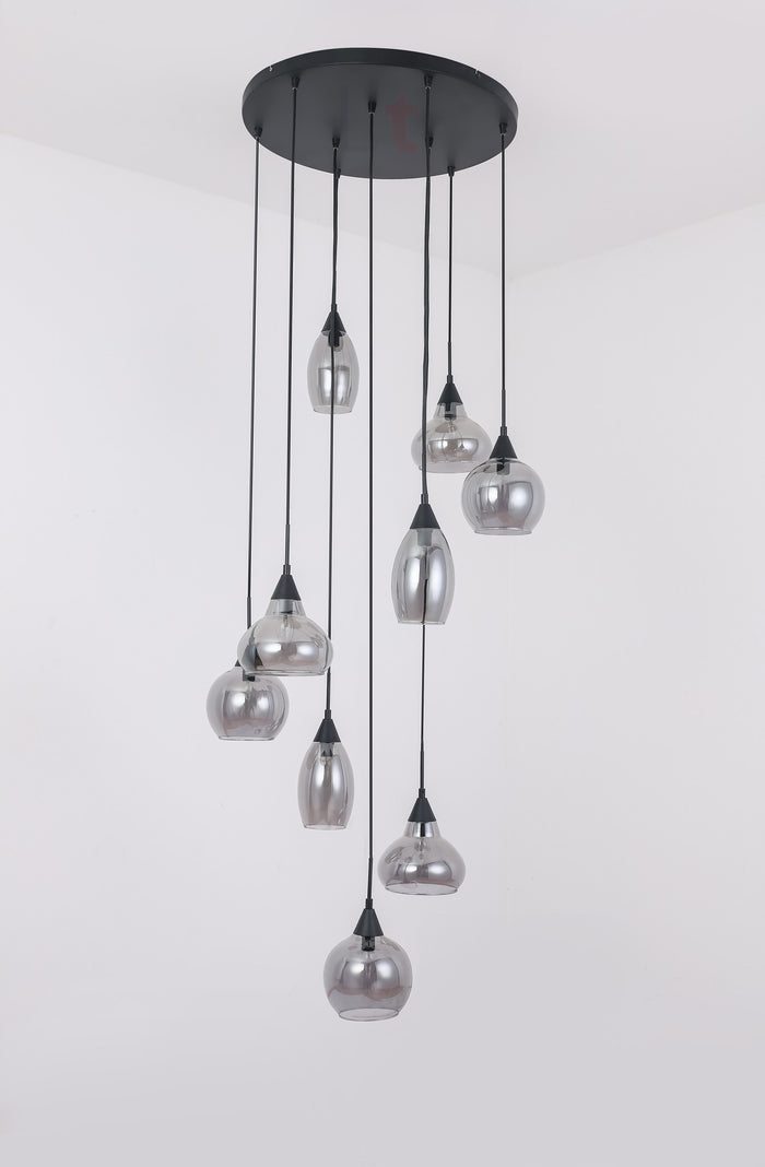 Freelight Hanglamp Macchia Zwart & Smoke Glas 9 Lichts