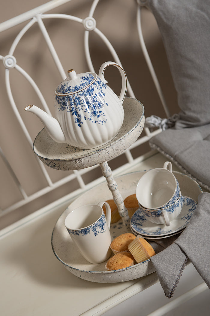 Clayre & Eef Kop en schotel 200 ml Wit Blauw Porselein Bloemen