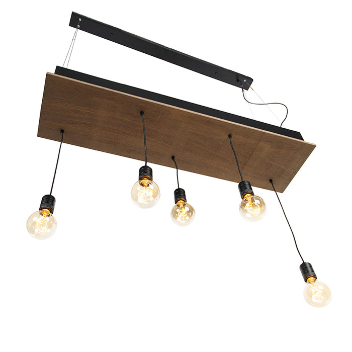QAZQA Landelijke hanglamp zwart met hout 5-lichts - Flair
