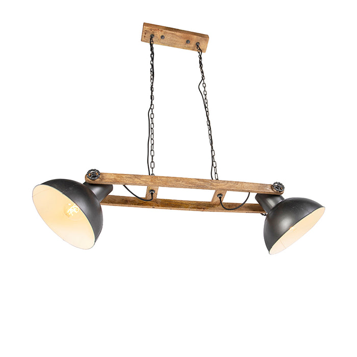 QAZQA Industriële hanglamp donkergrijs met mango hout 2-lichts -