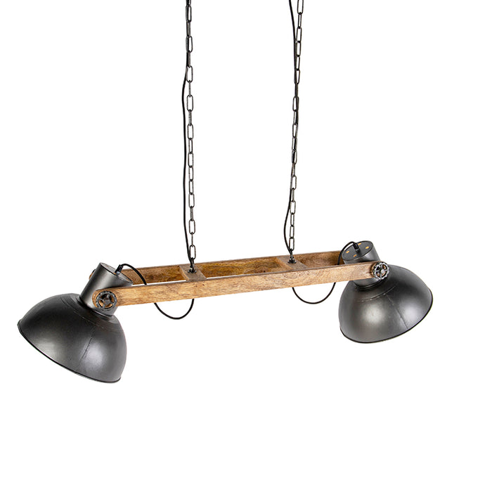 QAZQA Industriële hanglamp donkergrijs met mango hout 2-lichts -