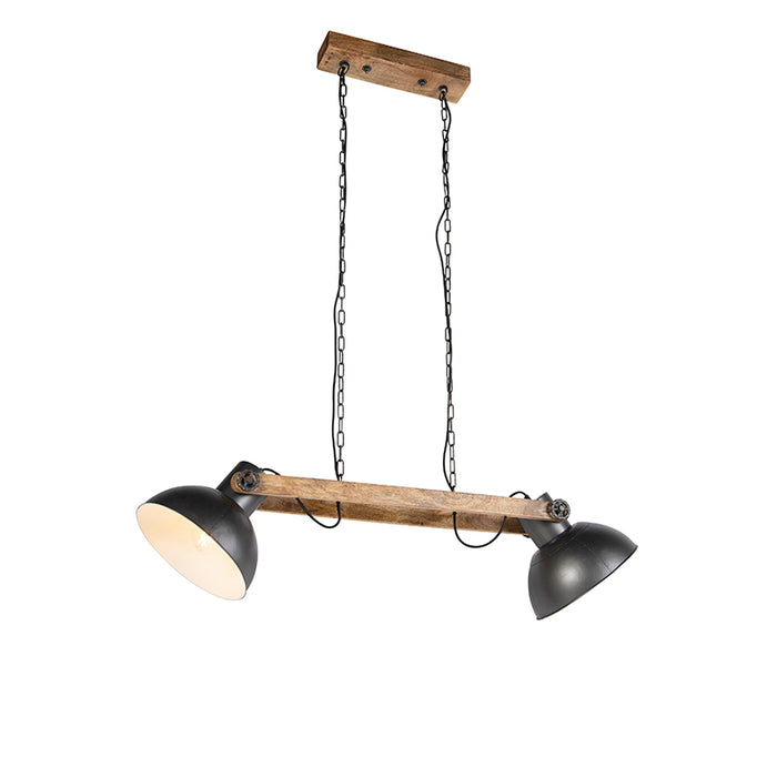 QAZQA Industriële hanglamp donkergrijs met mango hout 2-lichts -