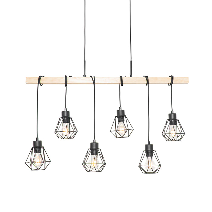 QAZQA Landelijke hanglamp zwart met hout 6-lichts - Chon