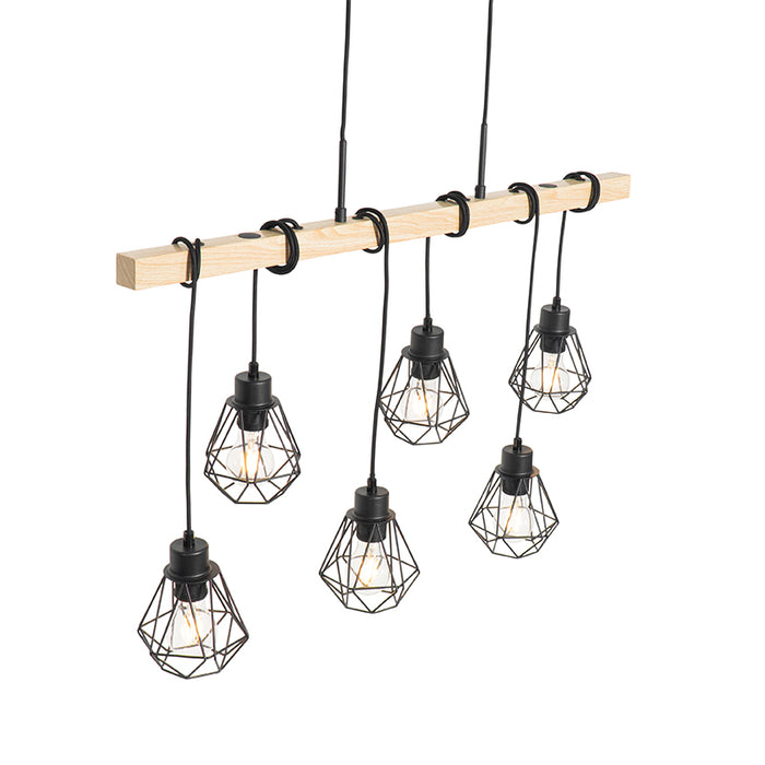 QAZQA Landelijke hanglamp zwart met hout 6-lichts - Chon