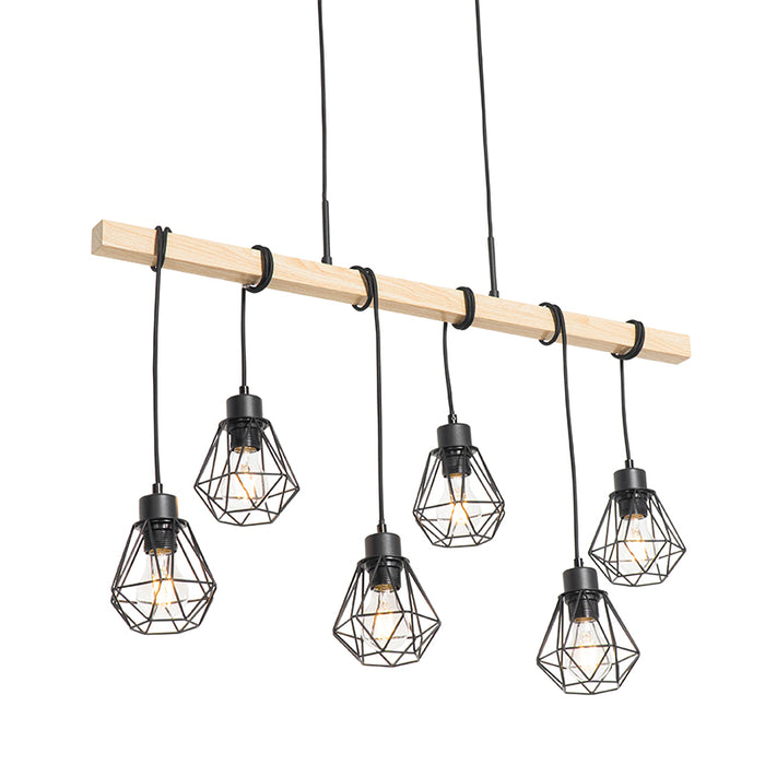 QAZQA Landelijke hanglamp zwart met hout 6-lichts - Chon