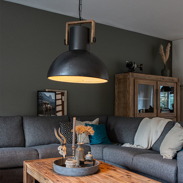 QAZQA Industriele hanglamp donkergrijs met mango hout - Mangoes