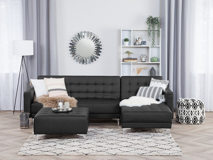 Beliani-ABERDEEN-Hoekslaapbank met ottomaan-Zwart-Links-Kunstleer