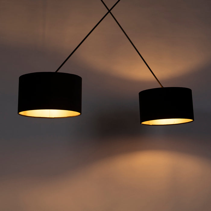 QAZQA Hanglamp zwart met velours kappen zwart met goud 35 cm 2-lichts