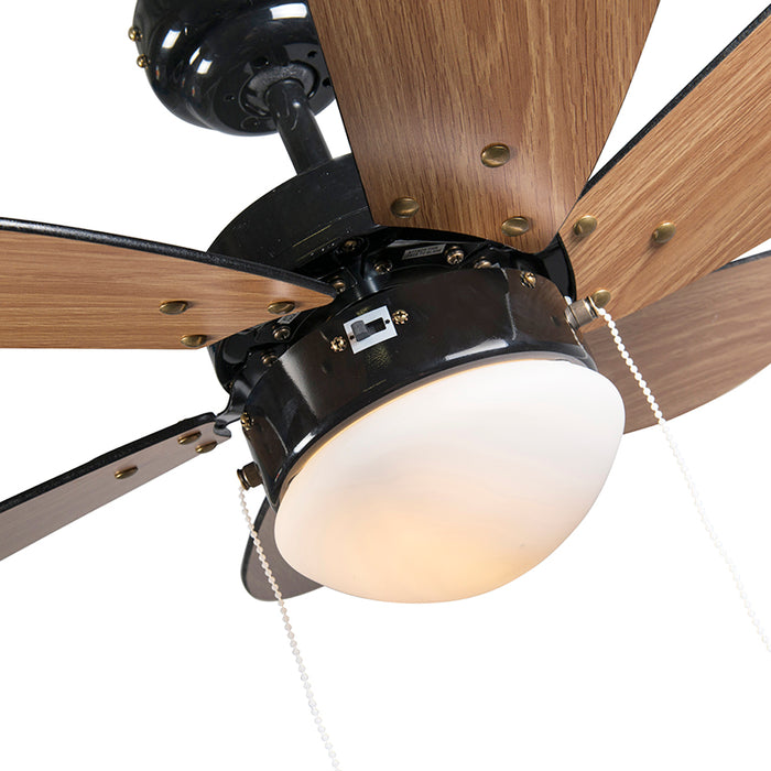 QAZQA Plafondventilator zwart met hout print 80cm met trekschakelaar